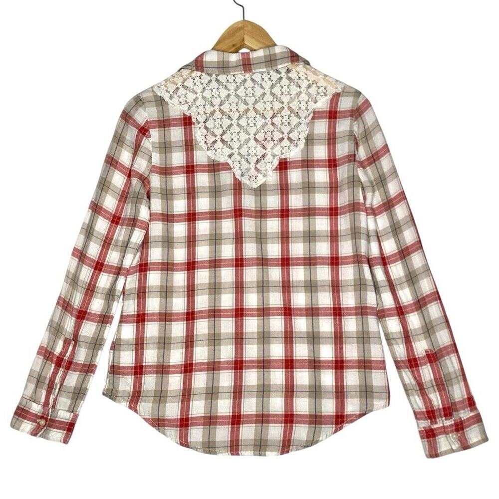 Plaid Lace Back Button Down Shirt XS Red Romantic Western Cottage Cowgirl Rustic